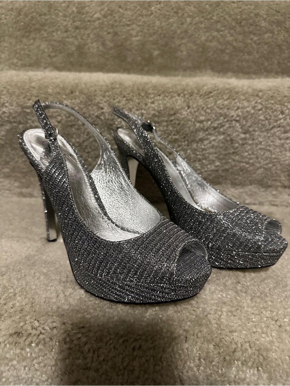 Adrianna Papell Silver Glitter Peep-Toe Slingback Heels